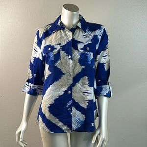 Chico's button down 100% cotton front pockets blue white tan abstract size 0 4 6